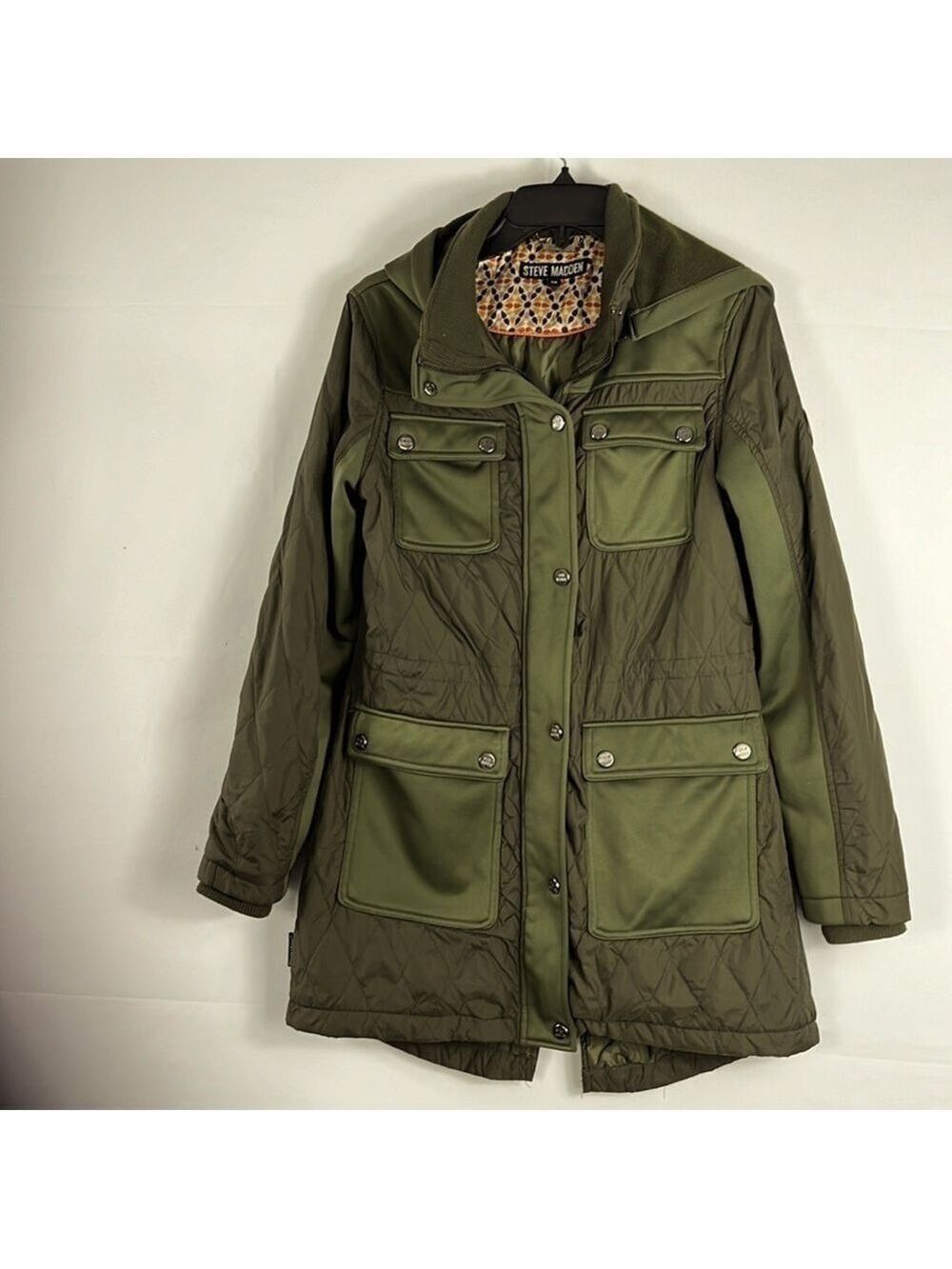 Steve Madden Military Green Cargo Coat Jacket Quilted Hooded Cinch-able Waist S